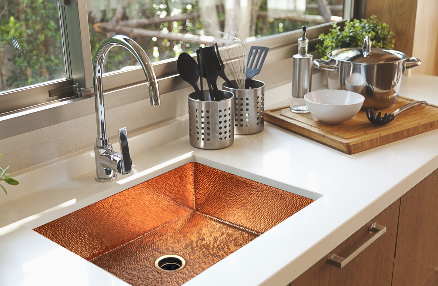33" Drop-in Single Well Plain Hammered Copper Kitchen Sink